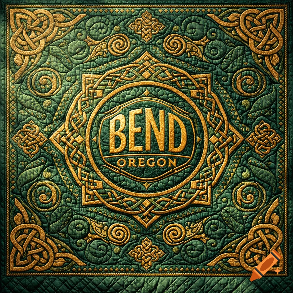 Emerald green quilted fabric with intricate golden Celtic knotwork patterns, featuring "BEND OREGON" text in the center.