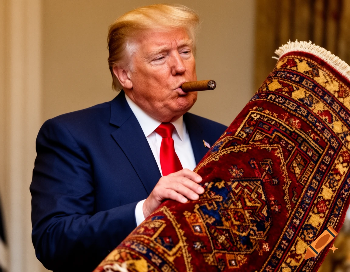 Donald Trump holds a large, intricately patterned Turkmen rug while smoking a cigar, looking at the rug.