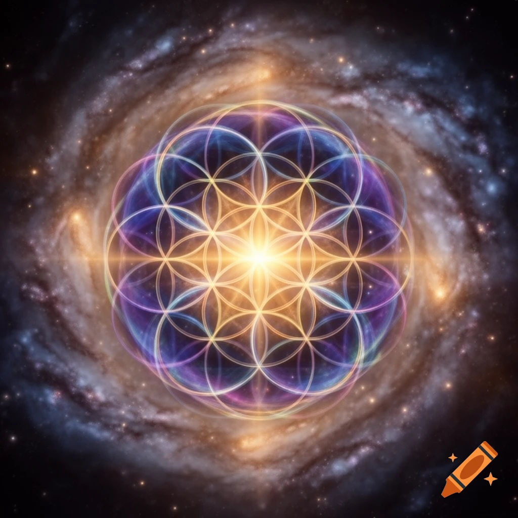 Vibrant, glowing Flower of Life sacred geometry symbol centered against a swirling galaxy and stars.