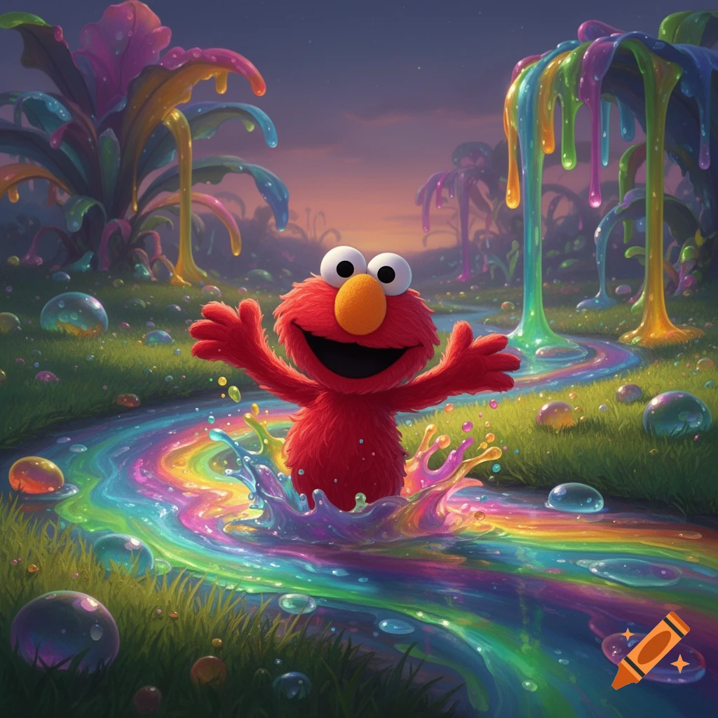 Elmo joyfully splashes in a vibrant rainbow stream within a colorful, fantastical slime land.