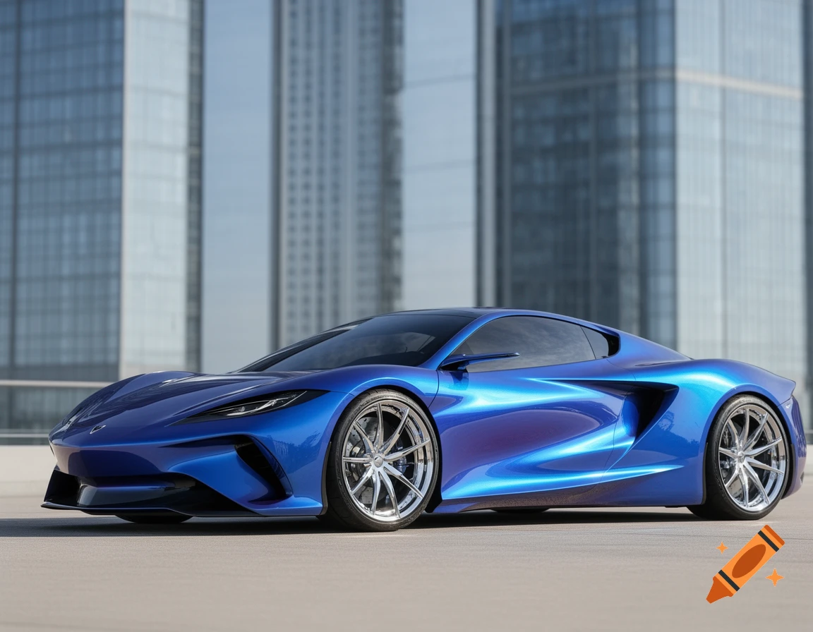 A sleek, metallic blue sports car parked on a light gray ground in front of modern glass skyscrapers.