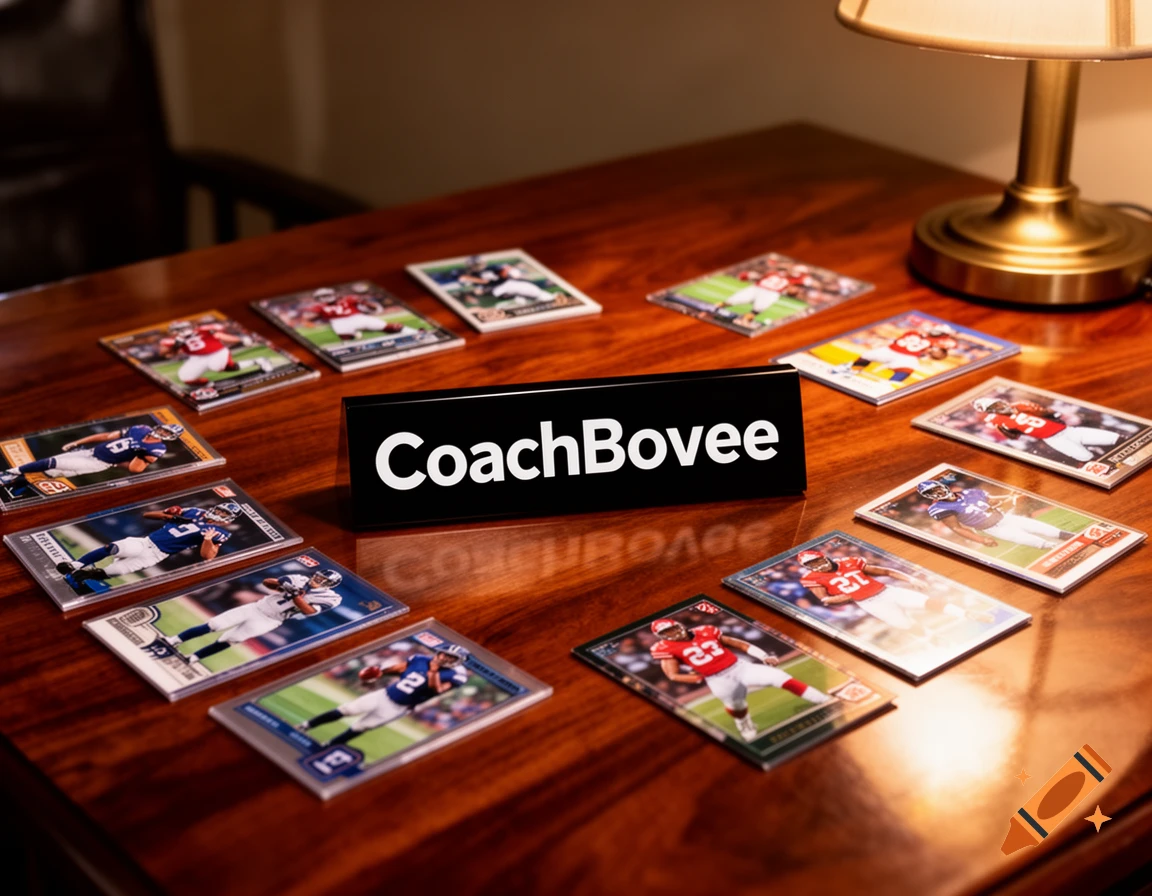 Football trading cards on a polished wooden table, with a black 'CoachBovee' sign in the center, next to a lamp.
