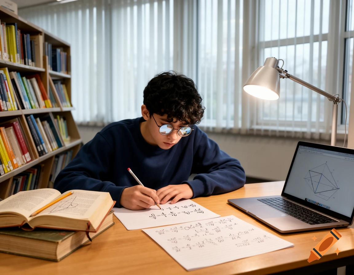 A young person with glasses studies at a desk in a library, writing on paper with a laptop open.