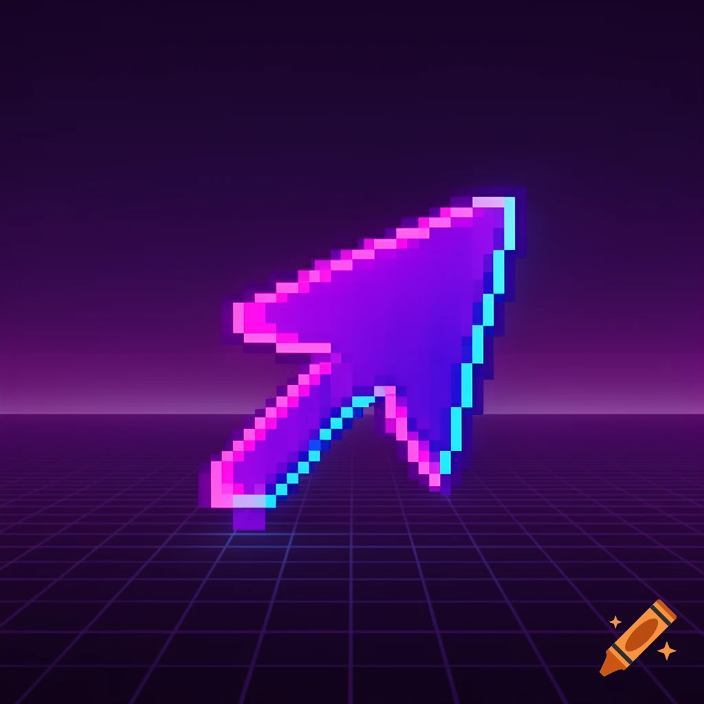 A vibrant pixelated computer mouse cursor in neon purple and blue, set against a dark purple synthwave grid background.