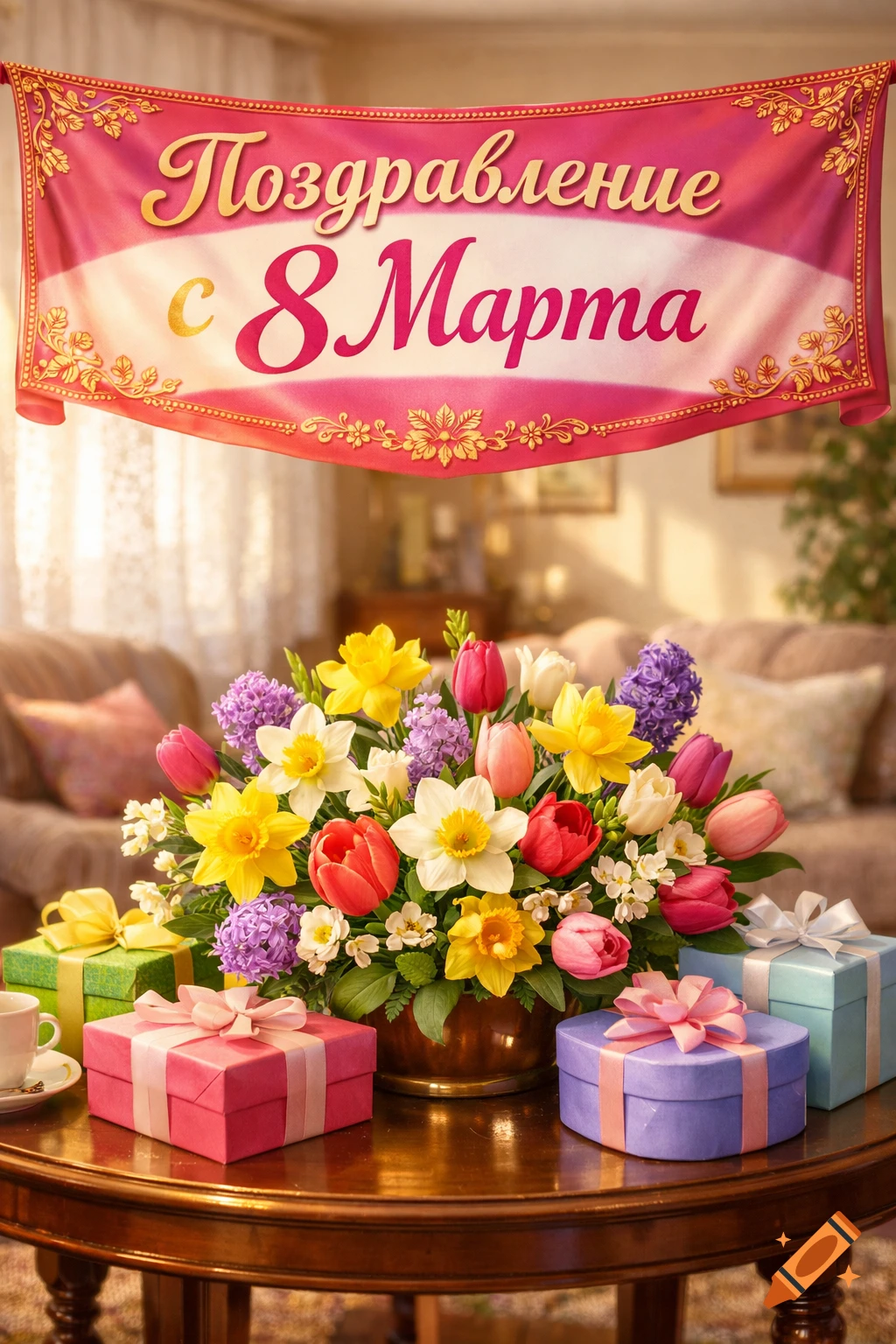 A vibrant bouquet of daffodils, tulips, and hyacinths sits on a table surrounded by wrapped gifts, beneath a banner reading 'Congratulations on March 8th'.