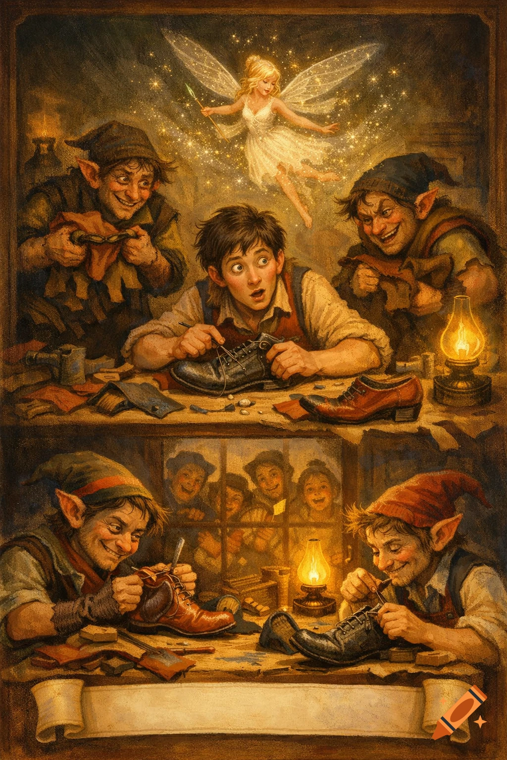 A young shoemaker is surprised by a glowing fairy while mischievous elves craft shoes on a workbench. Painterly storybook illustration.