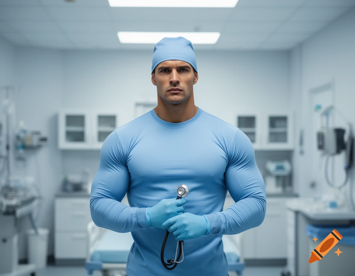Muscular doctor in light blue surgical gown, scrub cap, and gloves holds a stethoscope in a medical room, photorealistic.