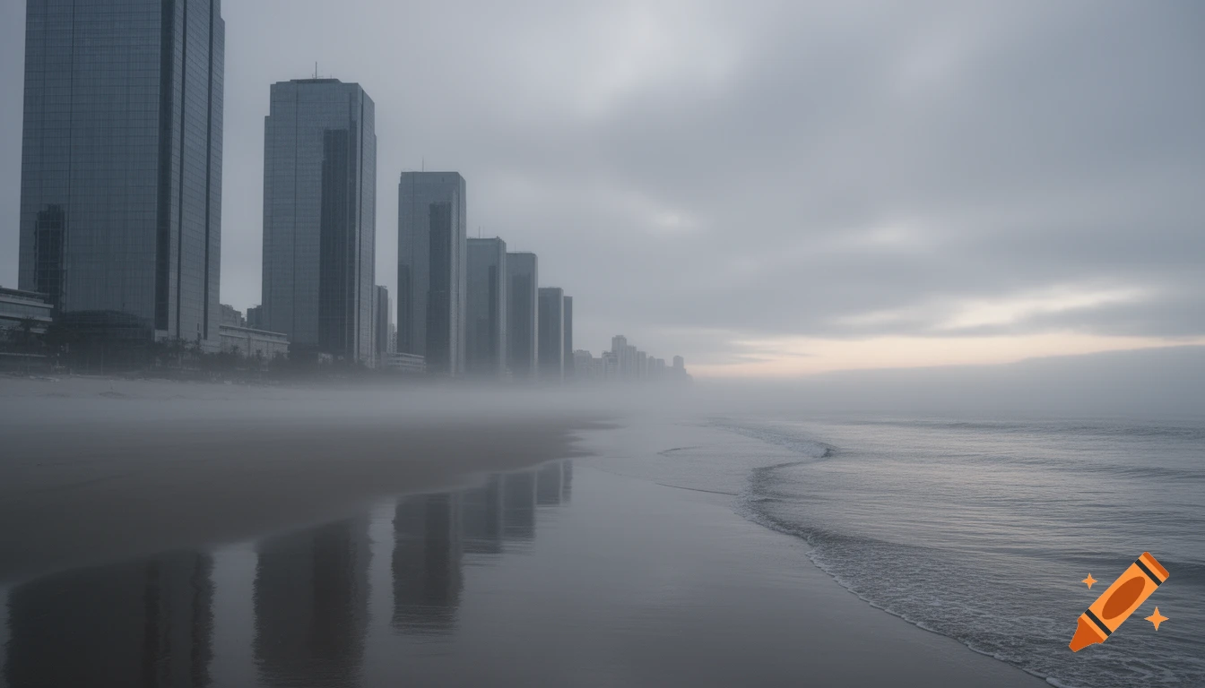Photorealistic image of a foggy beach lined with tall skyscrapers fading into the mist, with gentle waves at the shore.
