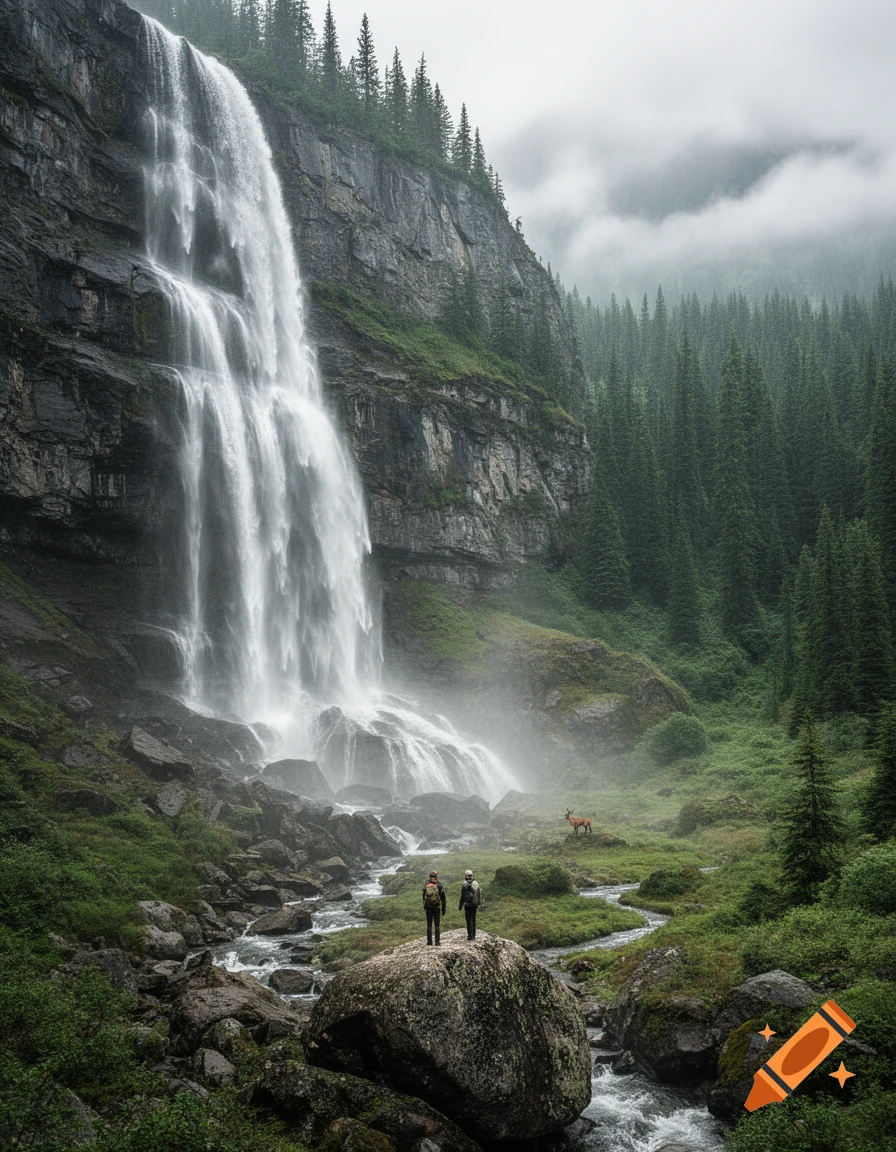 Two hikers stand on a rock admiring a towering waterfall in a lush, misty mountain forest with a deer nearby.