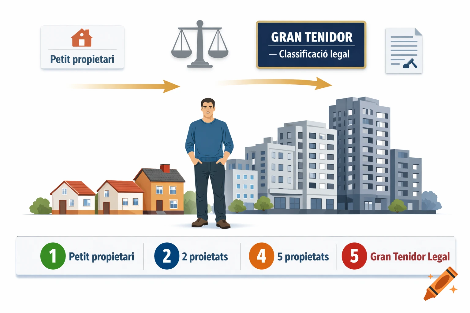 Infographic showing a man between small houses and tall buildings, representing property ownership progression from 'Petit propietari' to 'Gran Tenidor Legal'.
