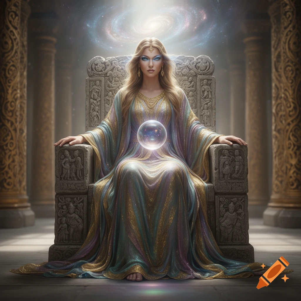 An ethereal goddess in a shimmering gown sits on an ornate stone throne, holding a cosmic orb, under a swirling galaxy in a grand hall.