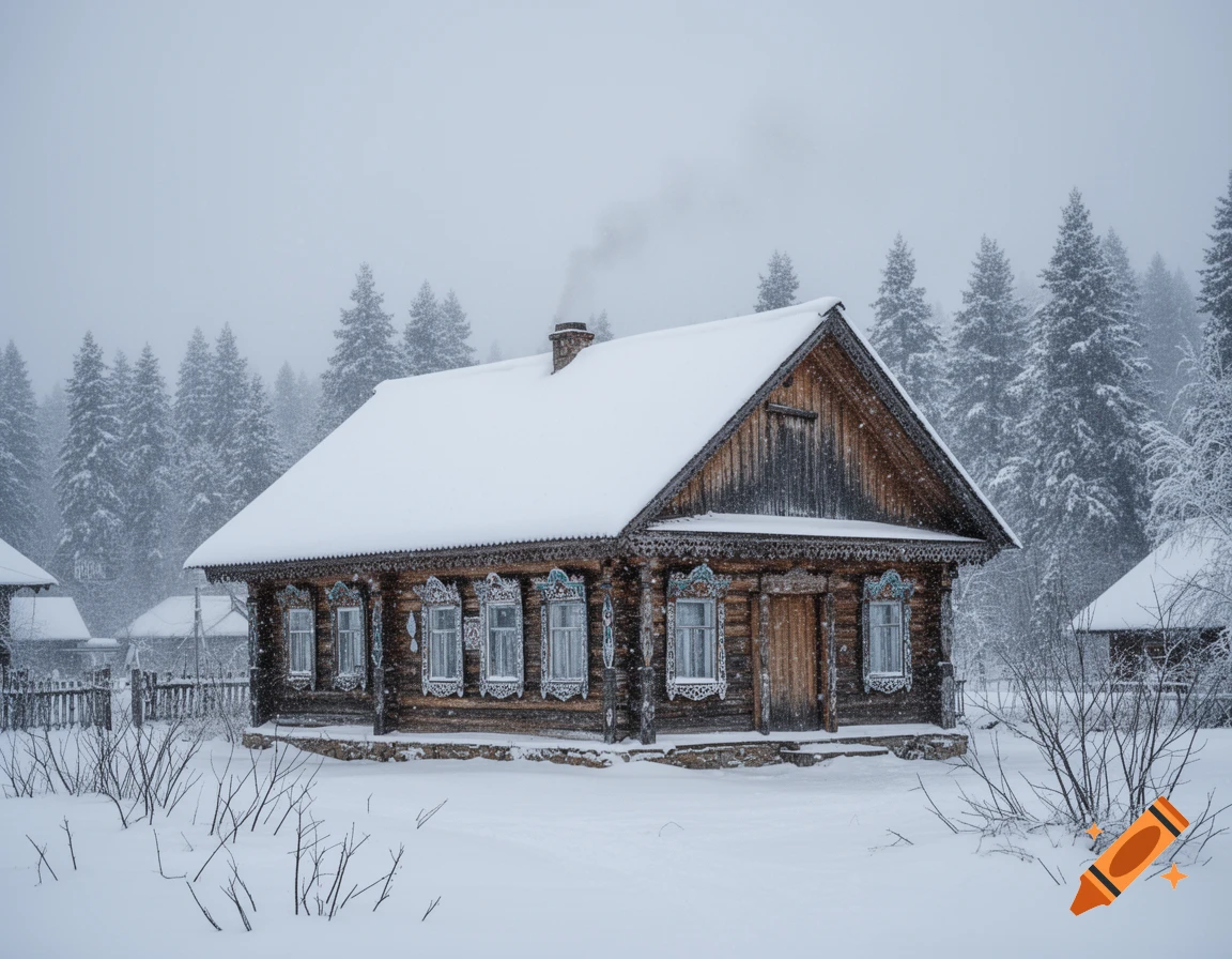 A traditional wooden house with decorative frames, covered in snow, surrounded by pine trees under a grey winter sky.