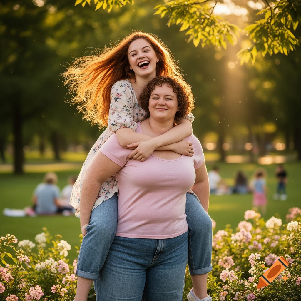 A smiling woman with long red hair rides piggyback on another smiling woman in a sunny park with flowers.