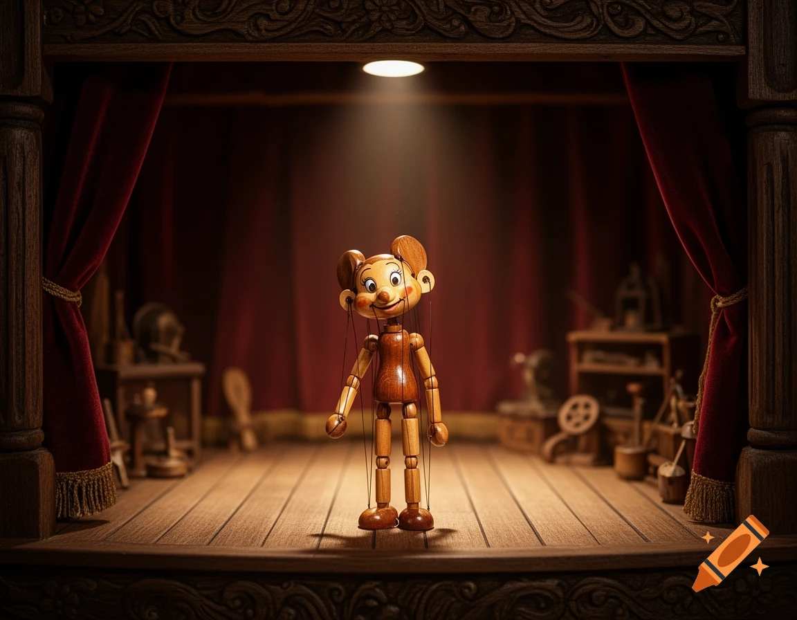A photorealistic image of a wooden puppet standing under a spotlight on a decorated wooden stage with red curtains.