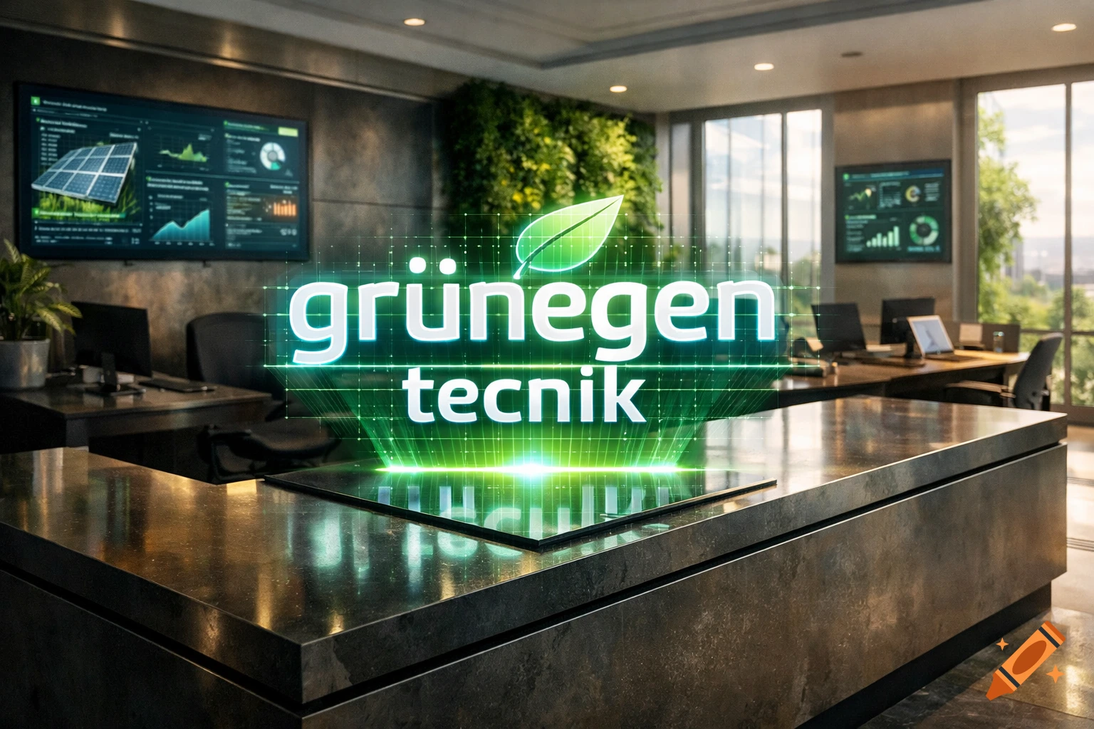A modern office conference room with a holographic display showing "grünegen tecnik" and a leaf icon, screens with data, and a vertical garden.