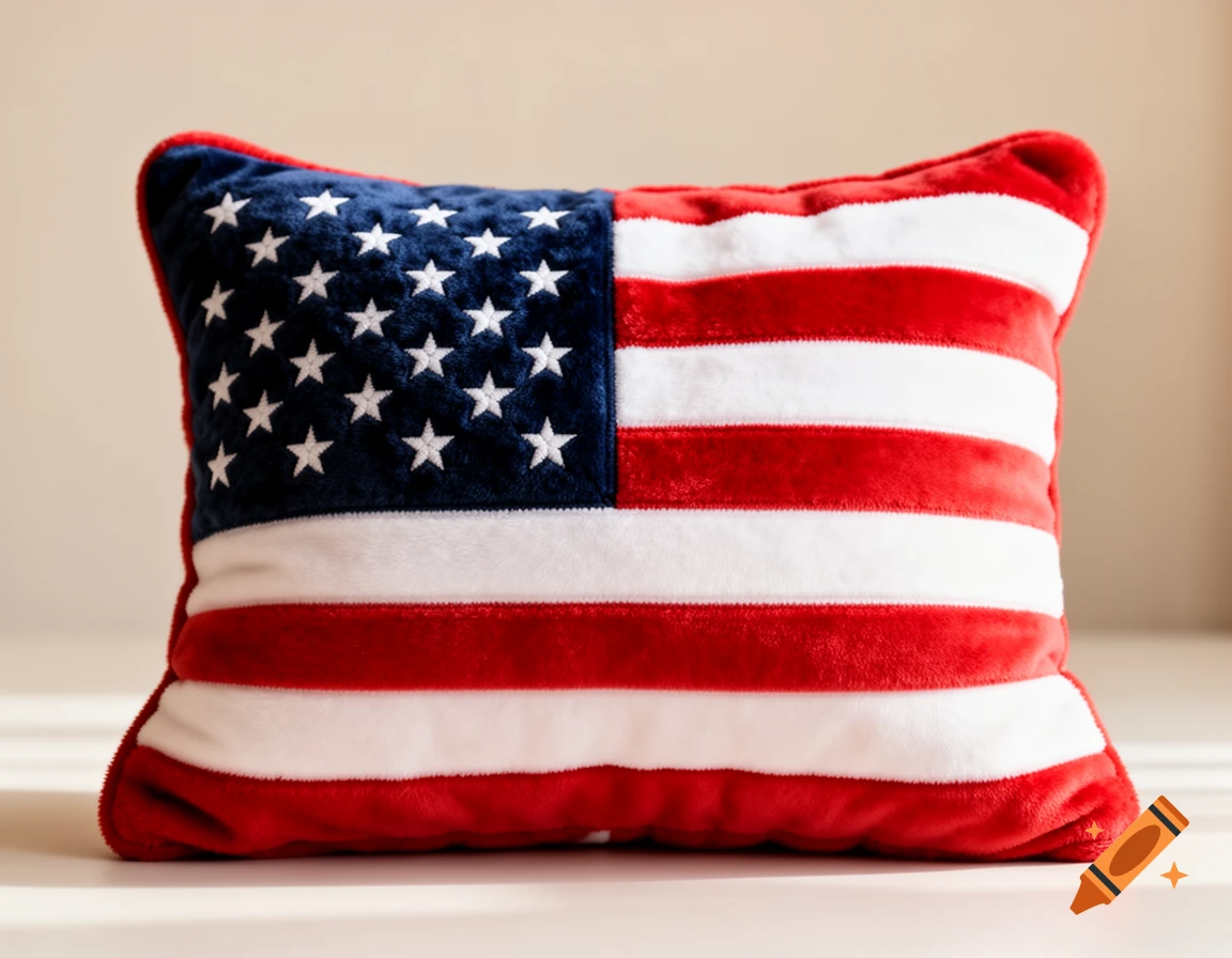 A plush pillow designed with the pattern of the American flag, featuring red and white stripes and a blue field with white stars.