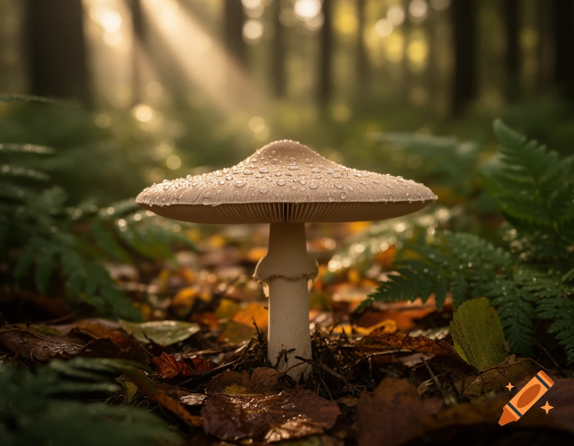 A close-up, low-angle photorealistic shot of a mushroom covered in water droplets on a forest floor, with sunrays in the background.