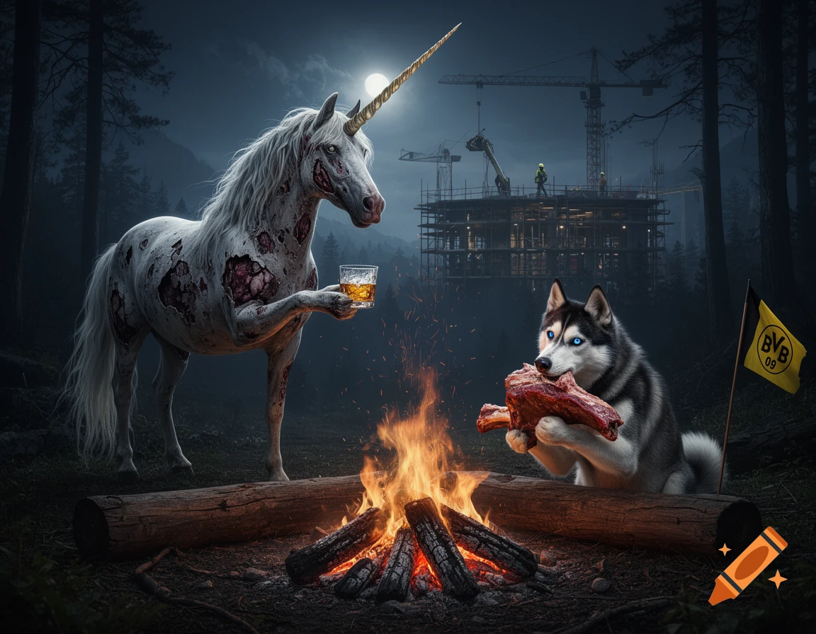 A zombie unicorn holding a glass of whiskey and a husky eating raw meat by a campfire at night, with a construction site and full moon in the background.
