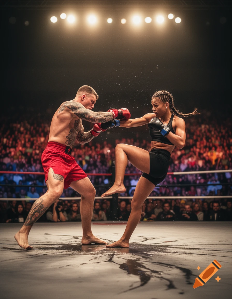 Photorealistic image of a male and female fighter exchanging blows in a ring, surrounded by a crowd under bright arena lights.