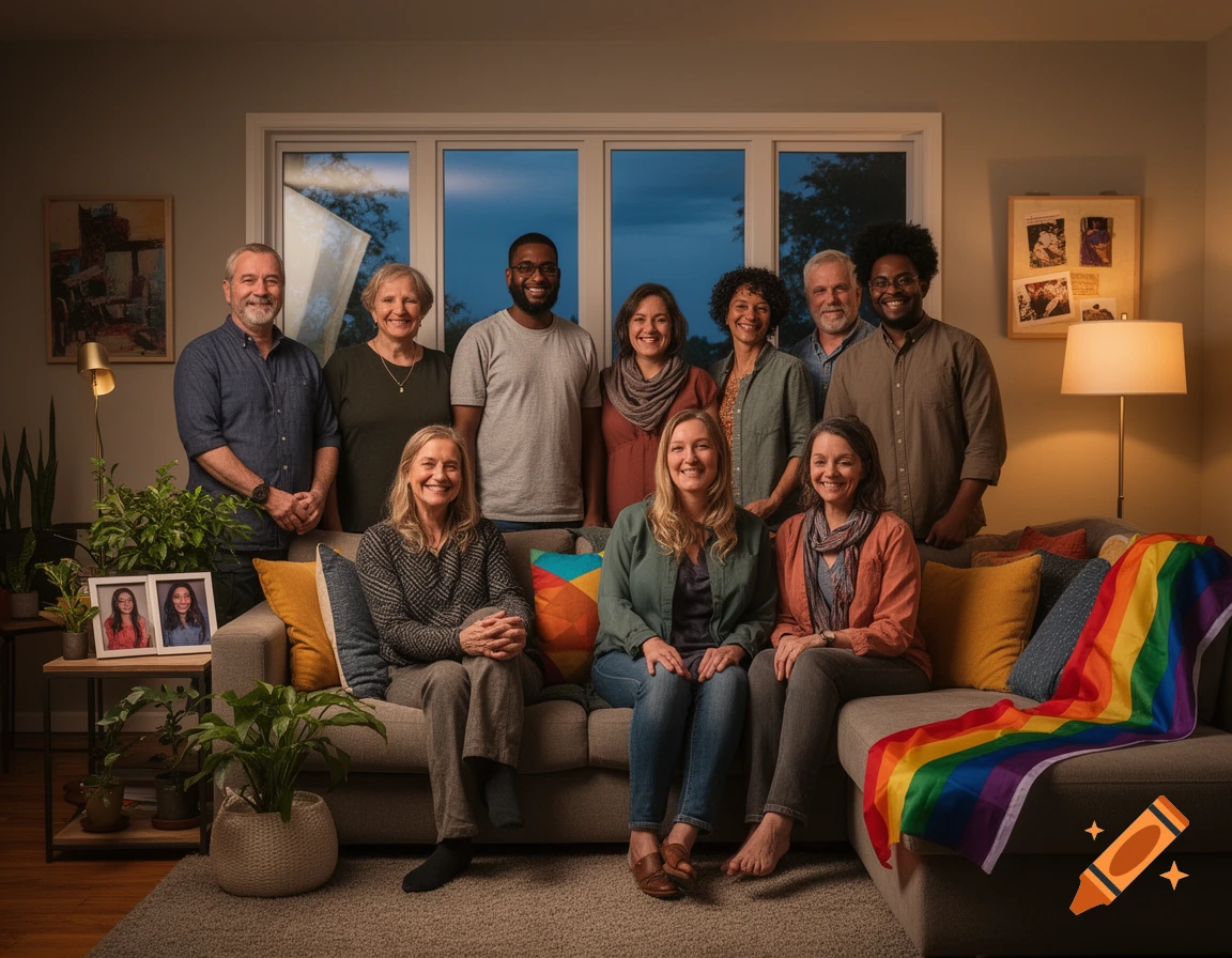 A diverse group of nine adults, some seated on a sofa with a rainbow flag, pose for a photo in a cozy living room.