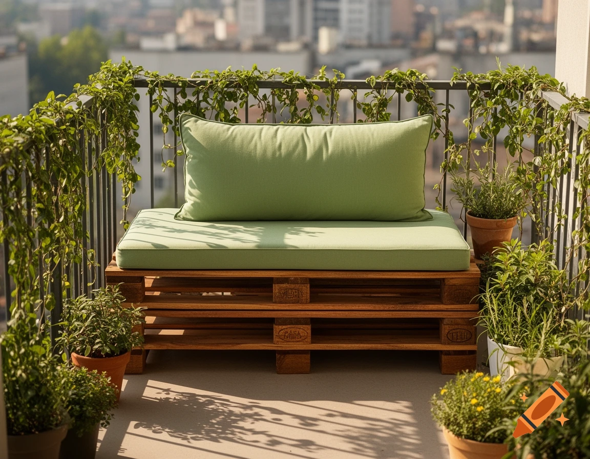 Photorealistic image of a pallet bench with light green cushions on a sunny balcony with climbing plants and a city view.