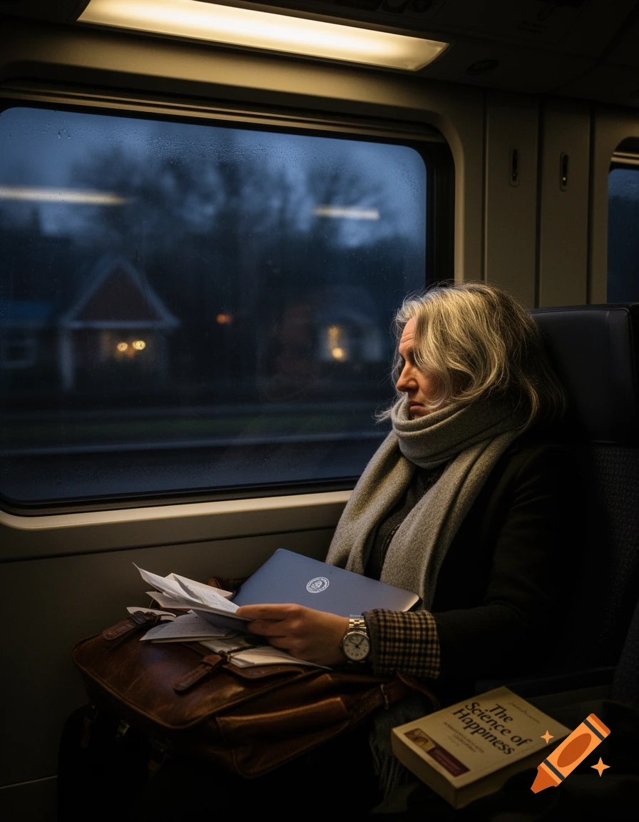 A woman with grey hair and a scarf sits on a train, gazing out the window at a blurry, dark, rainy landscape. A book titled 'The Science of Happiness' lies beside her.
