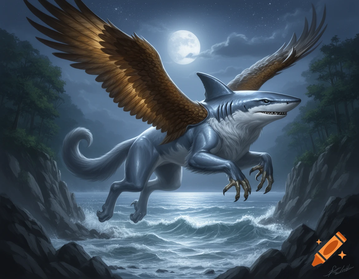 A majestic wolf-shark-eagle hybrid with wings flies over a moonlit ocean between dark, rocky cliffs. Digital painting.
