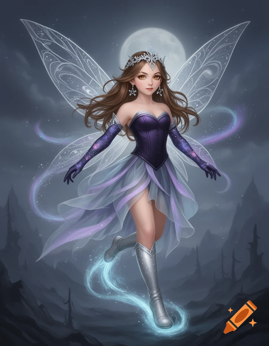 A brown-haired fairy with amber eyes, wearing a purple corset, layered skirt, silver crown, and translucent wings, hovers with glowing blue trails against a full moon in a dark fantasy landscape. Cinematic digital art.