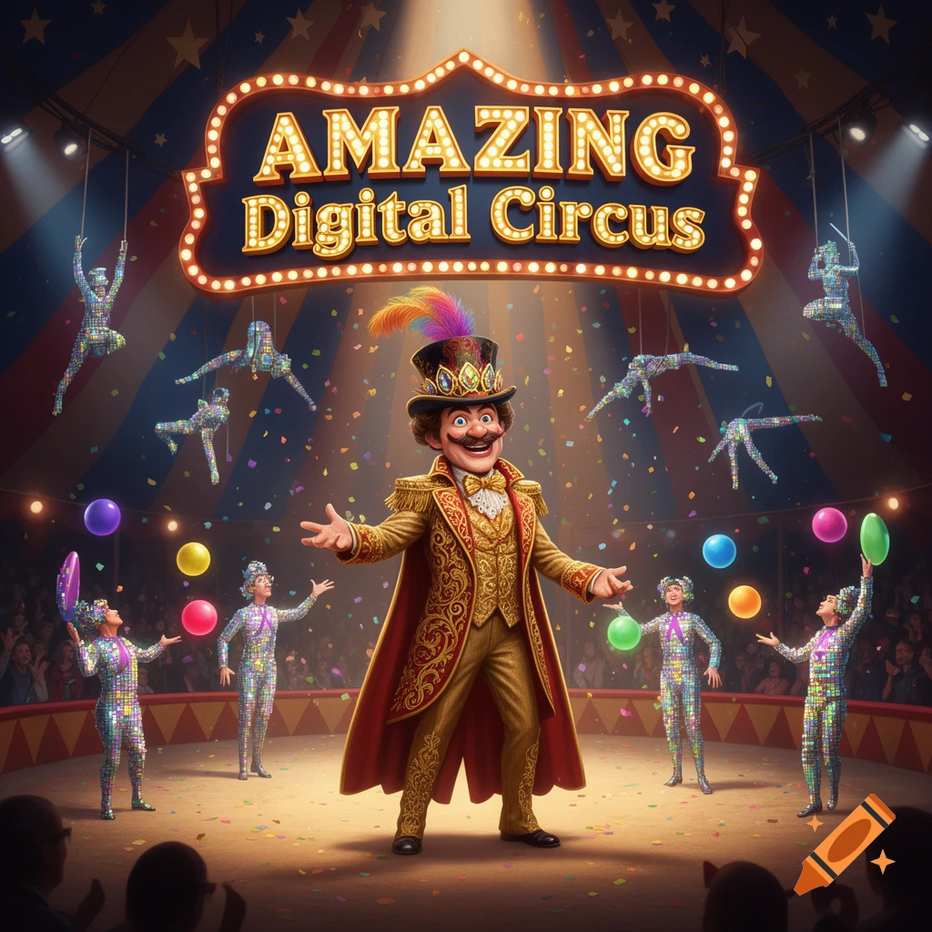 A colorful digital illustration of a cheerful ringmaster with a top hat and golden costume, standing center stage in a circus tent. Confetti falls around him, with acrobats and jugglers in shimmering pixelated outfits in the background and foreground.