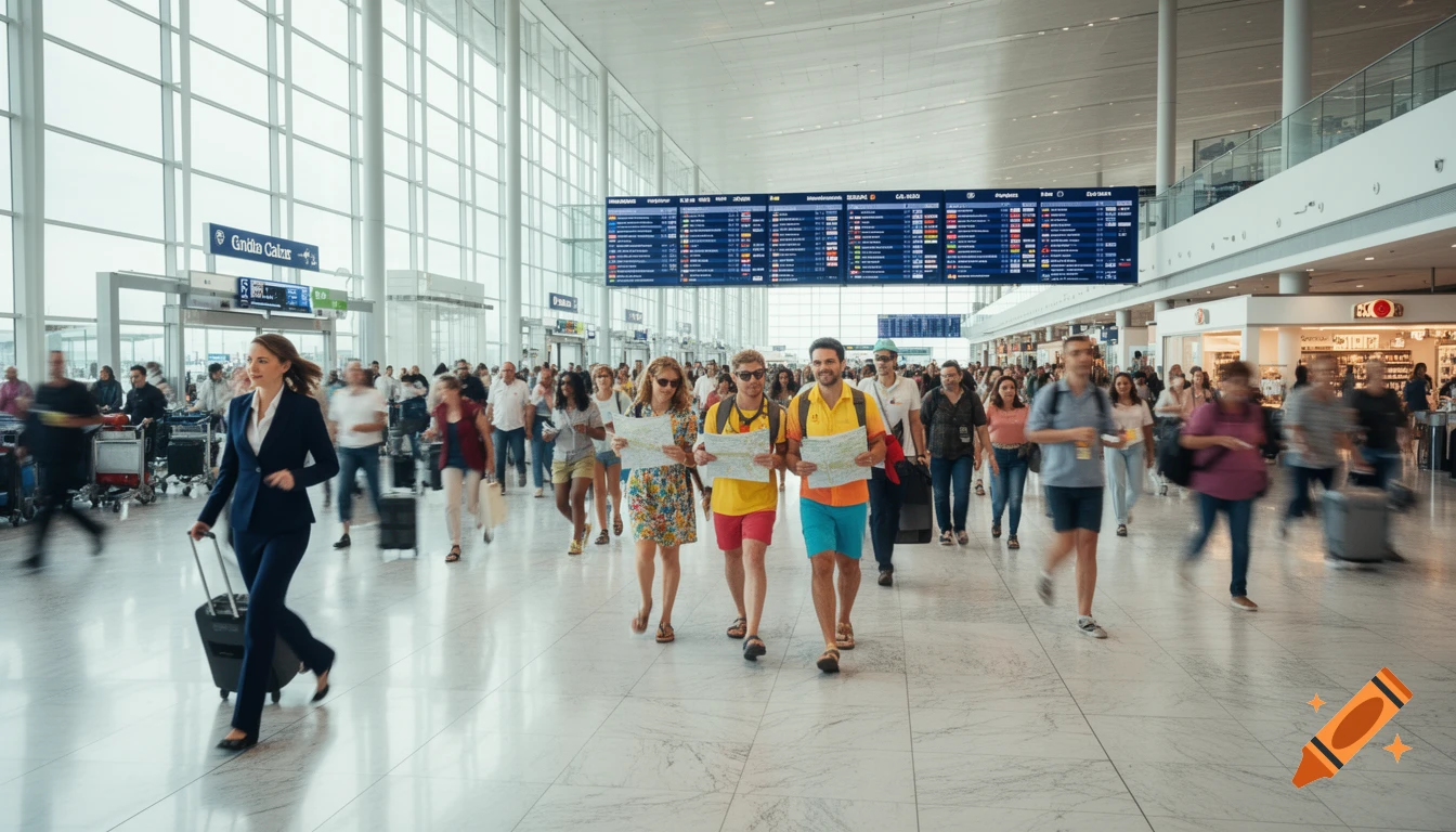 People walk and run through a busy, modern airport terminal with large flight information displays in the background.