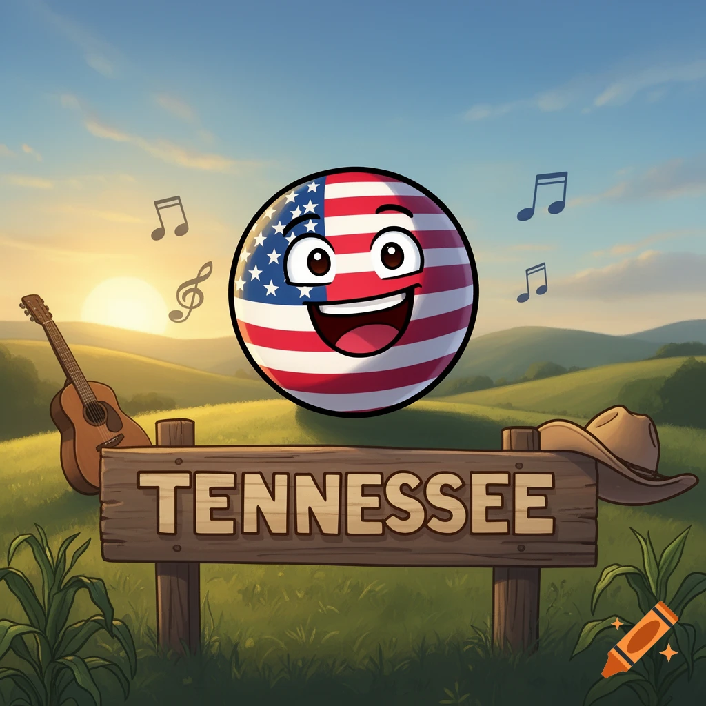 A happy cartoon USA Countryball with musical notes, a guitar, and a cowboy hat, by a 'TENNESSEE' sign in a sunny rural landscape.