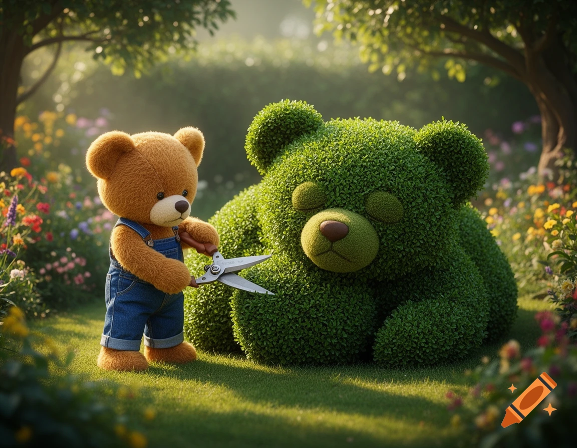 A cute teddy bear in overalls trims a sleeping bear-shaped topiary in a lush, sunlit garden.