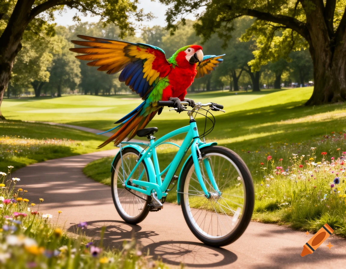 A vibrant parrot with outstretched wings perched on a turquoise bicycle on a park path, surrounded by green grass and trees.