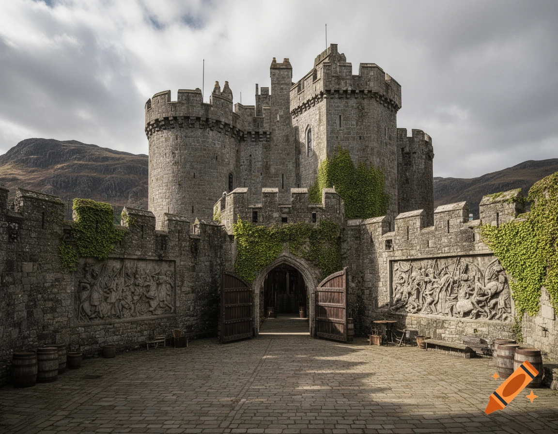 A grand stone castle with open wooden gates in a courtyard, covered in ivy, set against mountains under a cloudy sky.