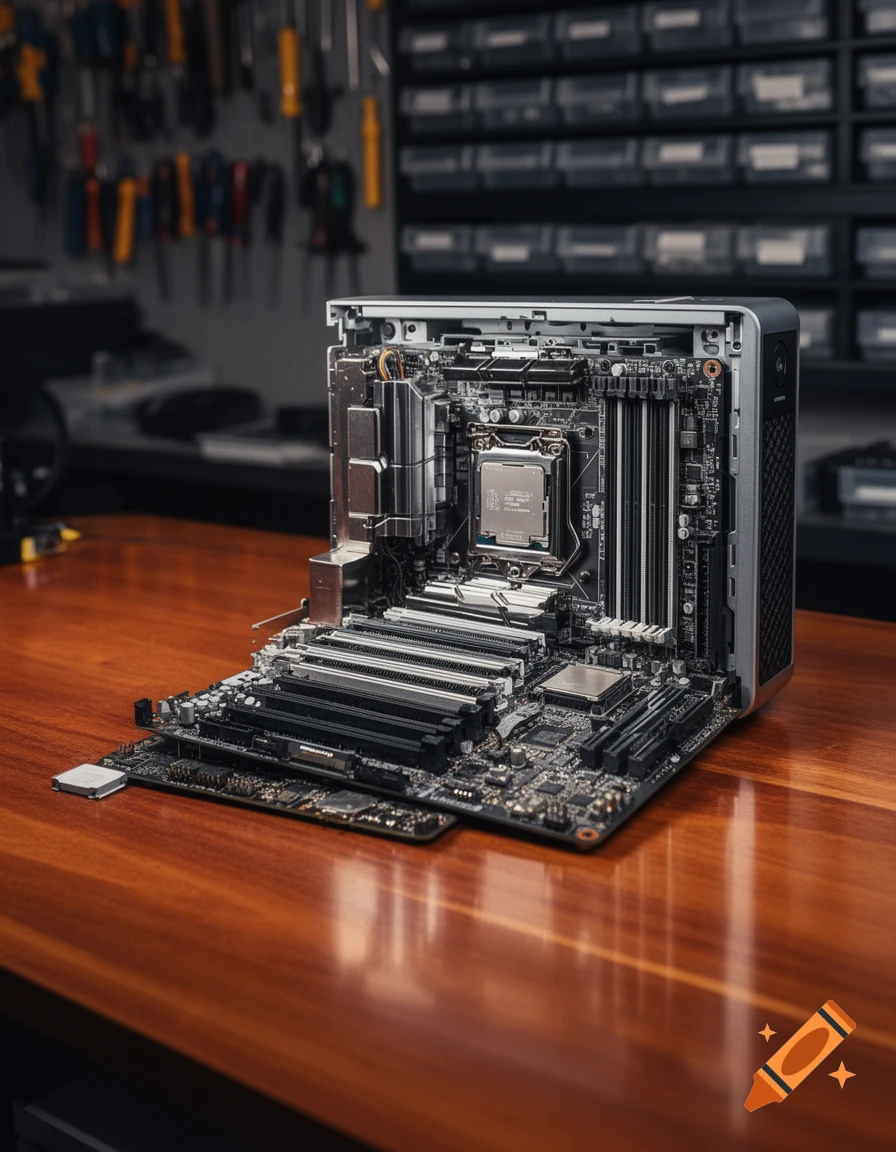 A disassembled computer motherboard with a CPU and RAM slots exposed, resting on a wooden desk in a workshop.