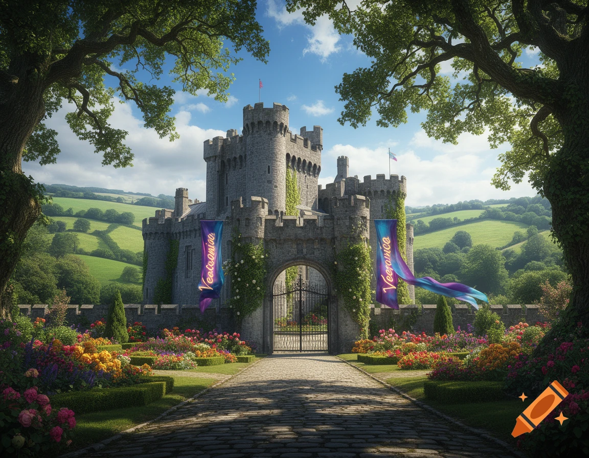 A majestic medieval castle with banners, leading to an arched gate, surrounded by vibrant formal gardens and rolling green hills under a bright sky, framed by large trees.