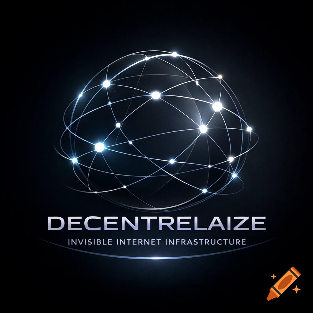 Glowing global network logo with white lines, bright nodes, and text 'DECENTRELAIZE INVISIBLE INTERNET INFRASTRUCTURE' on a dark background.