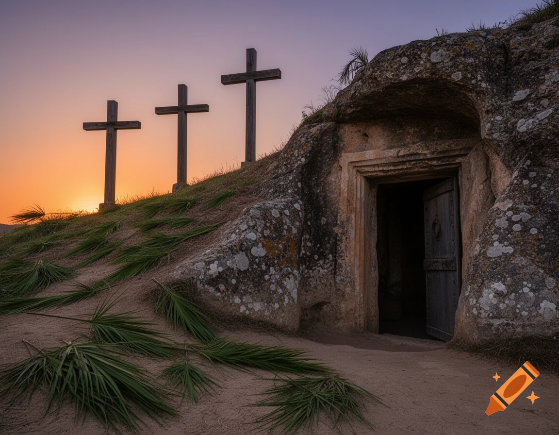Three wooden crosses and an open cave entrance on a rocky hill adorned with palm leaves, silhouetted against a vibrant sunset sky.
