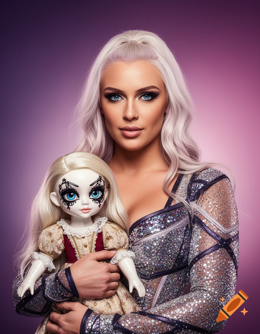 A woman with platinum blonde hair and blue eyes, wearing a sparkly outfit, holds a large doll with similar features against a purple background.