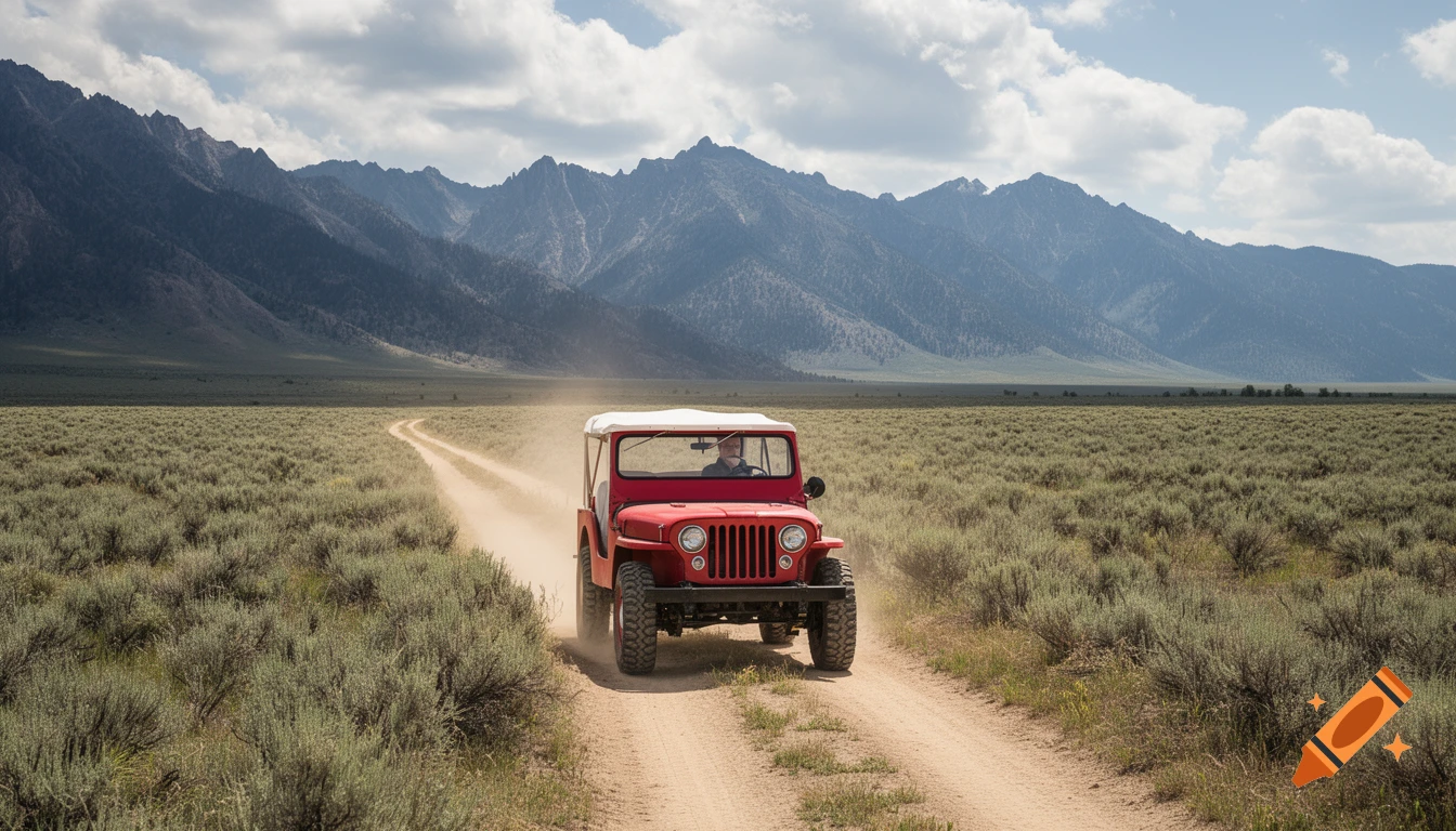 A red Jeep with a white soft top drives on a dusty dirt road through a sagebrush meadow, with rugged mountains in the background.
