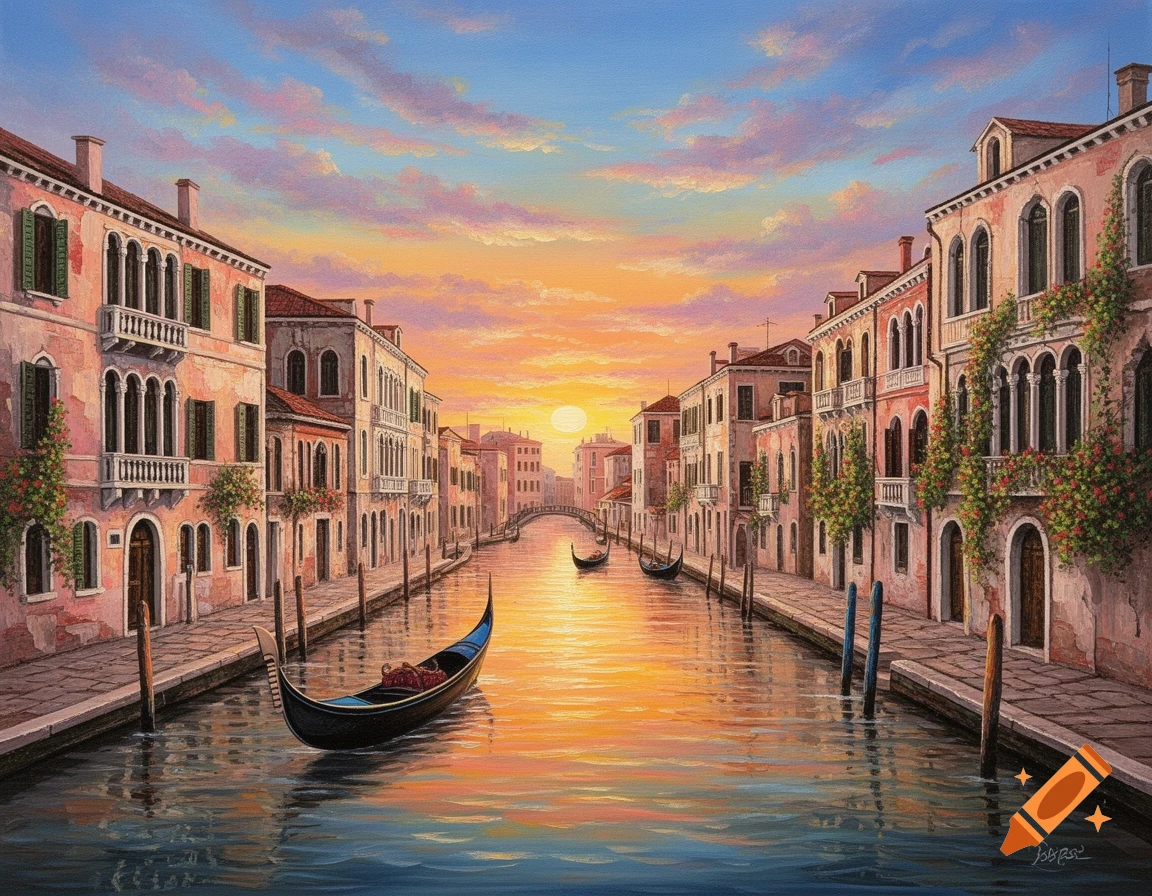Oil painting of a Venice canal at sunset, with gondolas on the water and historic buildings lining the banks.