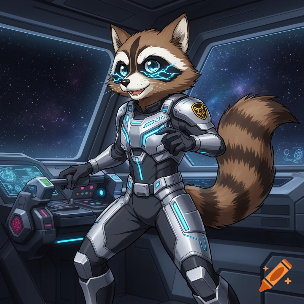Anime-style anthropomorphic raccoon in a futuristic silver and blue spacesuit, piloting a spaceship with a starry background.