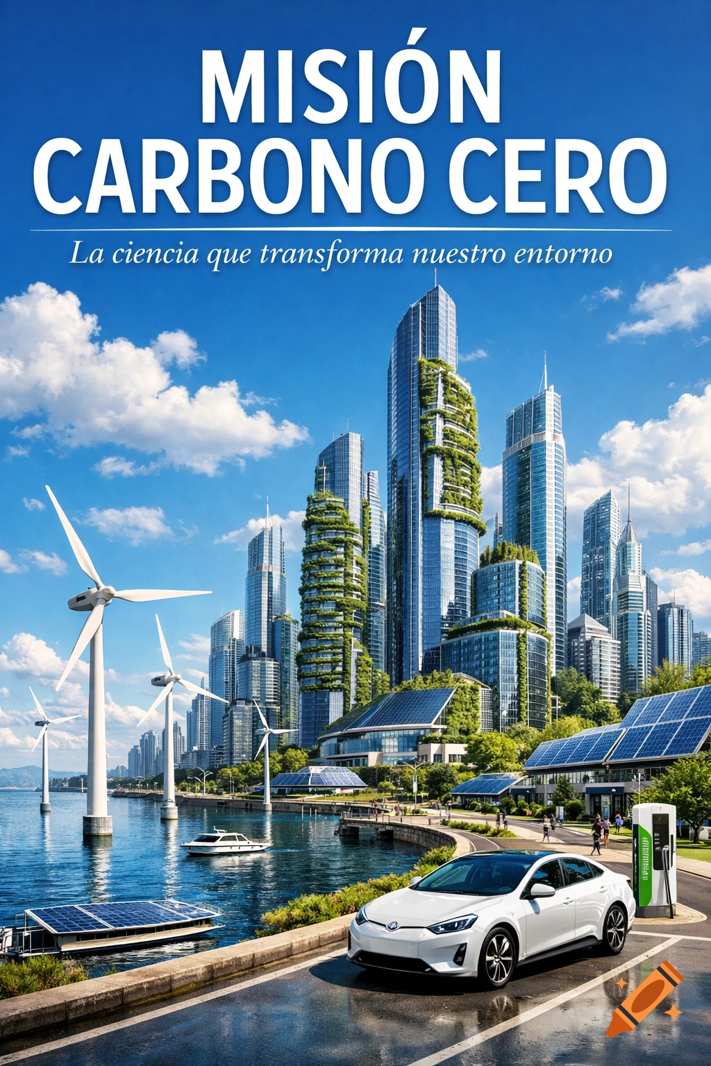 A futuristic cityscape with green skyscrapers, wind turbines, solar panels, and an electric car charging, under text "MISIÓN CARBONO CERO".