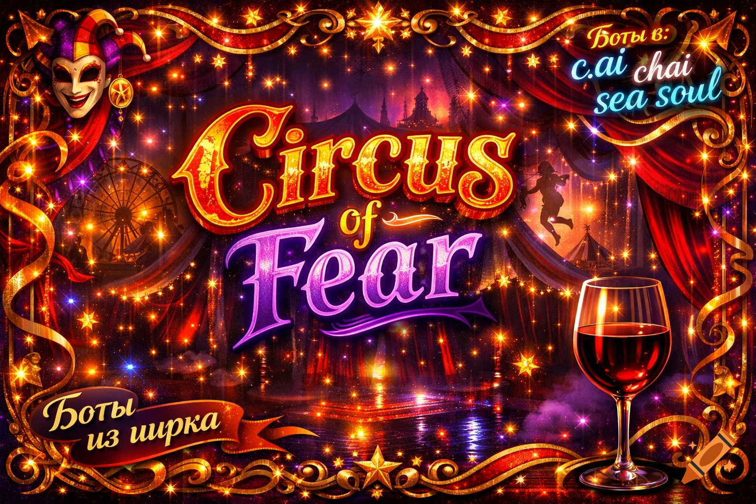 Vibrant digital art of a dark circus scene with a jester mask, twinkling lights, a Ferris wheel, and a glass of red wine, featuring the text "Circus of Fear".