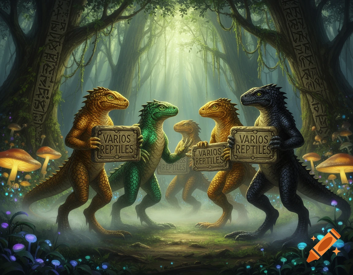 Four humanoid lizards, gold, green, and black, stand in a misty, magical forest holding 'VARIOS REPTILES' signs.