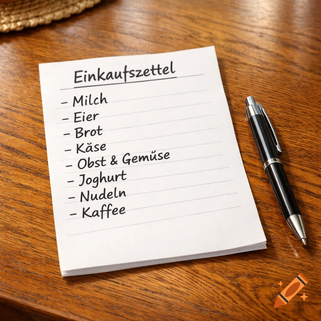 A close-up of a handwritten shopping list in German on white paper, lying on a wooden table next to a black pen.
