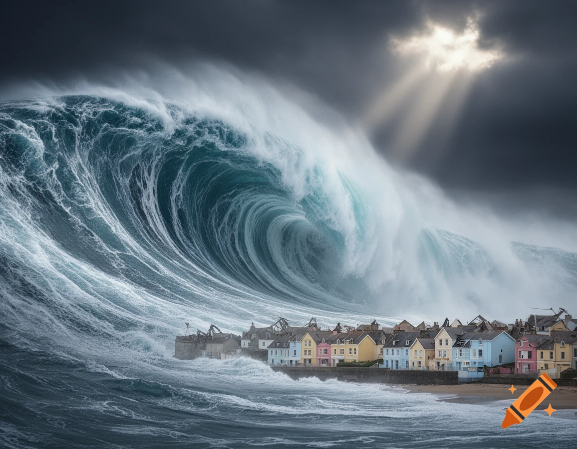 A massive, towering tsunami looms over a colorful coastal town under a dramatic, cloudy sky with sun rays.