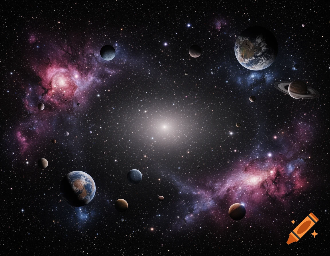 A vibrant and detailed view of a galaxy, showcasing numerous planets, moons, and colorful nebulae against a dark starfield.