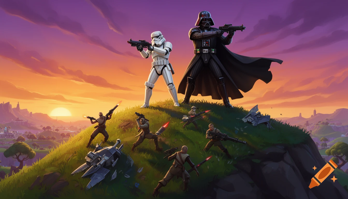 Darth Vader and a Stormtrooper stand on a grassy hill in a Fortnite-style battle scene, aiming blasters at other characters under a sunset sky.