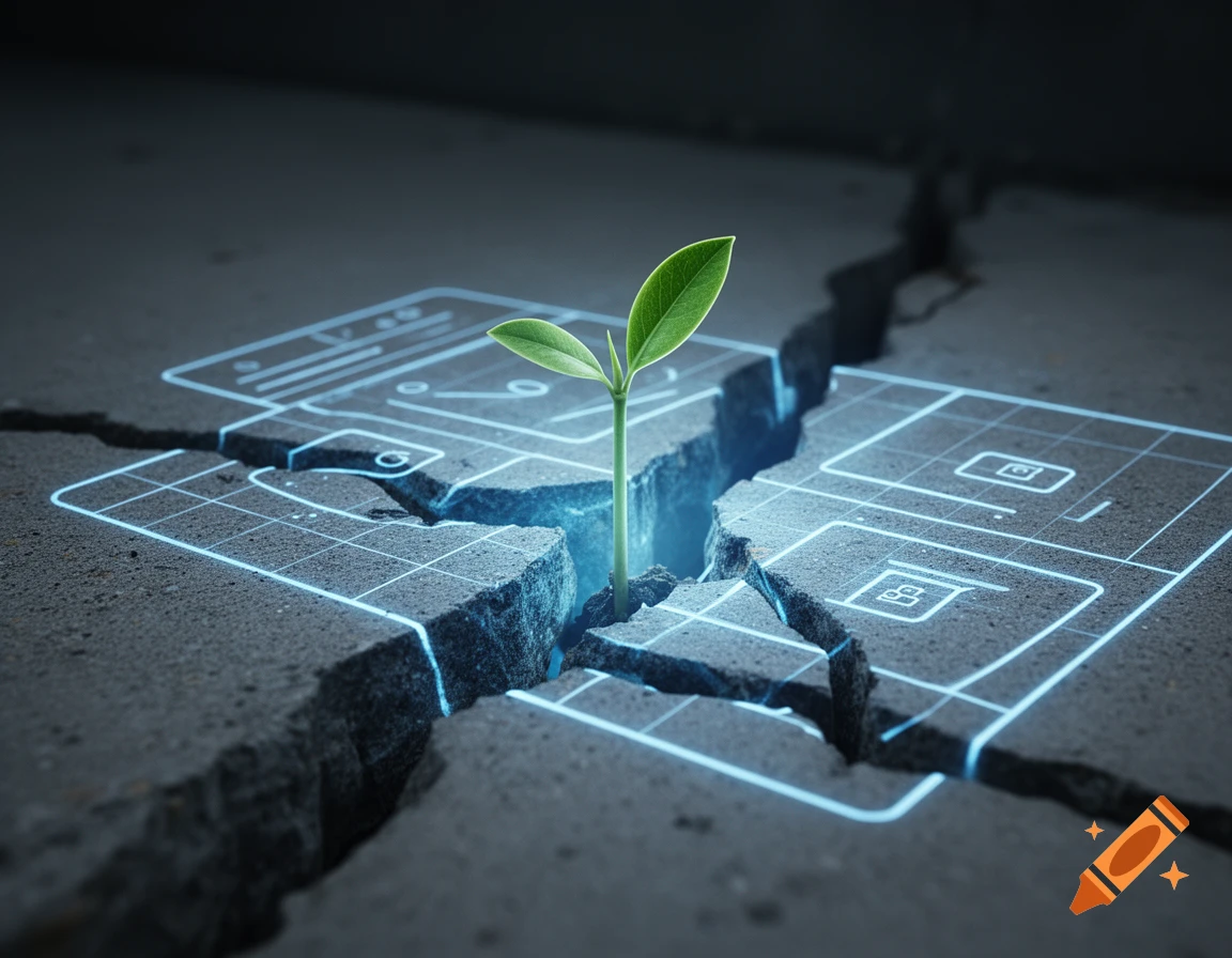 A hyper-realistic photograph of a single green seedling breaking through cracked concrete, illuminated by a blue glow, with UI wireframe grid lines etched into the surface.